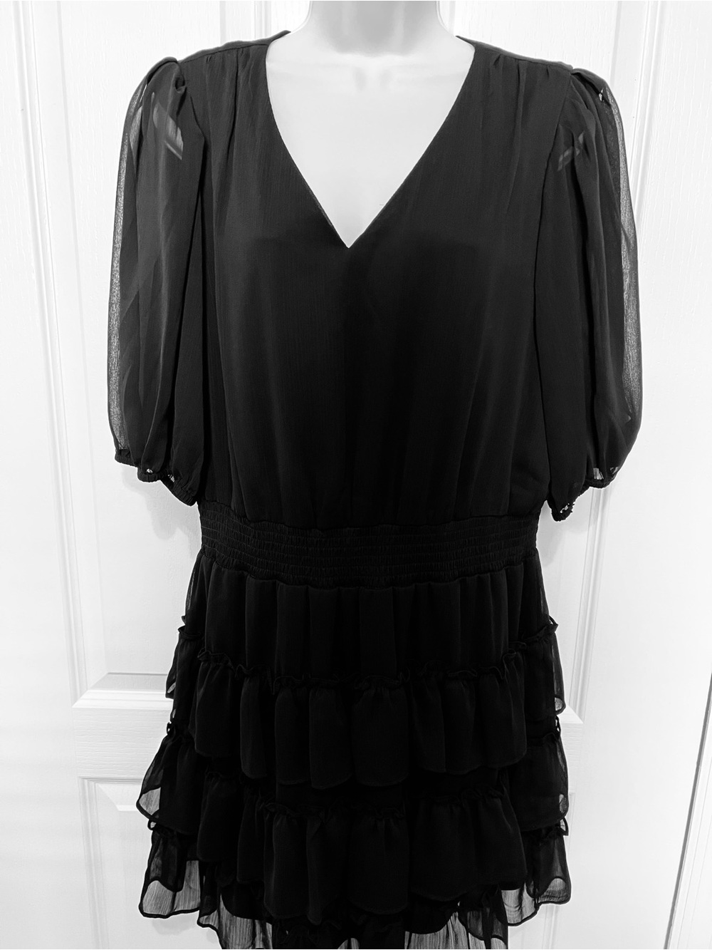 1. State Black V-Neck Puff Sleeve Tiered Dress